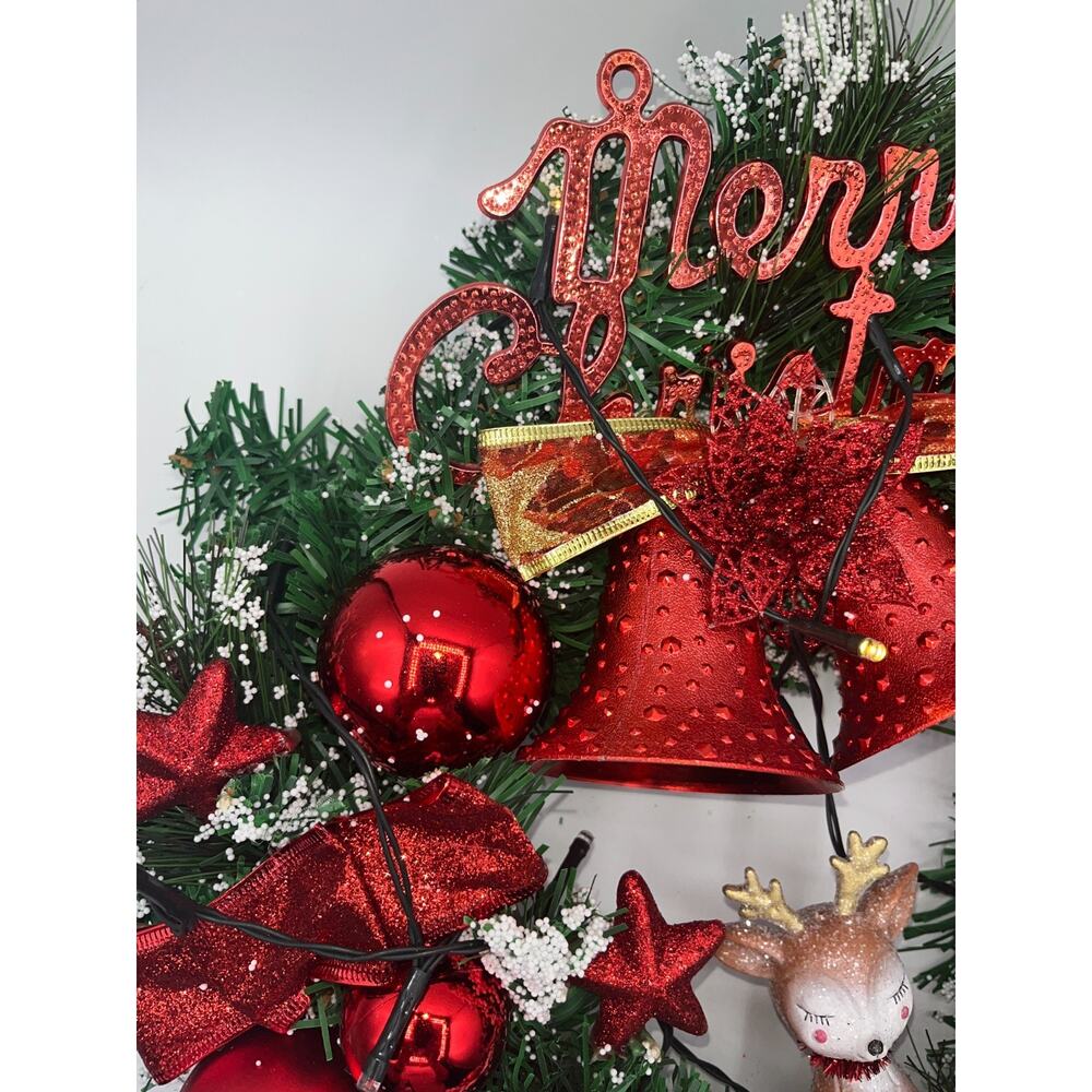 Pre Lit Merry Christmas Wreath with Twinkly Lights plus Reindeer Poinsettia Bell - Picture 11 of 16